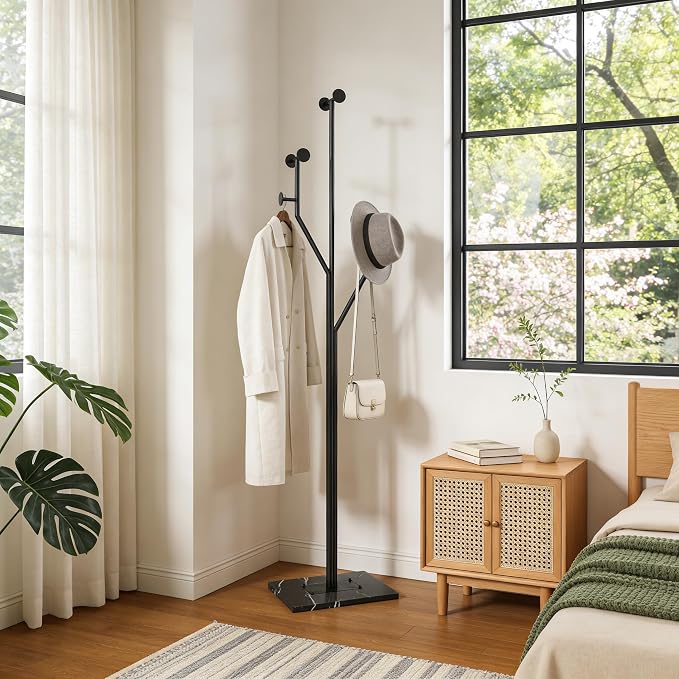JIAYUEJU Freestanding Coat Rack Tree-shaped Metal Coat Tree with Heavy Duty Marble Base Corner Clothing Rack for Bedroom Entryway Hallway 14.96 x 10.24 x 68.9 Inches (Black) - Image 9