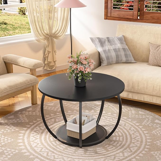 GreenForest Round Coffee Table with 2-Tier Open Storage, 27.6 inch Small Circle Coffee Tables with Adjustable Feet, Modern Mini Center Table for Small Living Room, Black