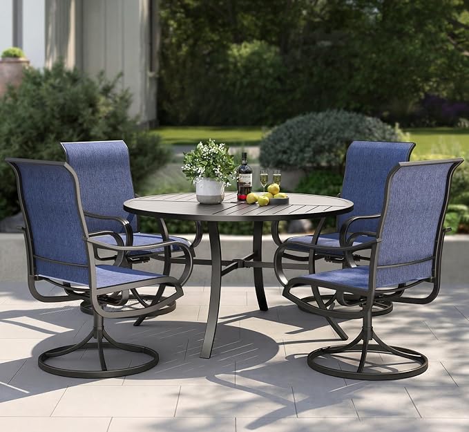 PHI VILLA 5 Piece Patio Dining Set with 4 Outdoor Swivel Dining Chairs & 1 Large Round Dining Table, All Weather Blue Textilene Mesh Fabric Chair and Round Metal Table for Deck Lawn Garden by PHIVILLA
