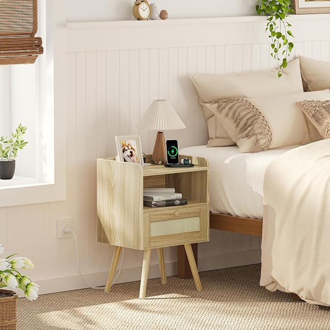 SUPERJARE Nightstand with Charging Station & Rattan-Like Decor Drawer, Rattan End Table with Solid Wood Feet, Bed Side Table with Open Storage, for Bedroom, Living Room, Dormitory - Natural - Image 2