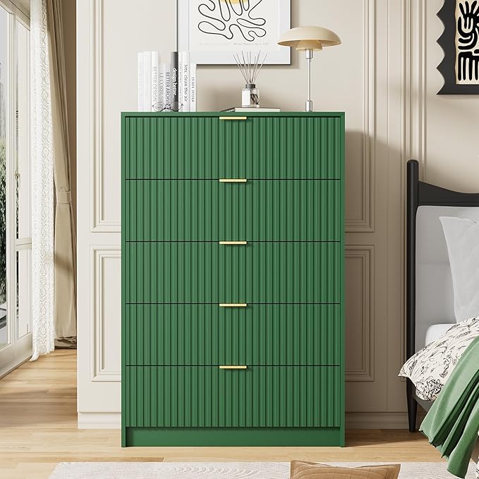 Furniway Green Dresser Bedroom Set 3 Pieces, Nightstands Sets of 2, 5 Drawer Dresser with Gold Handles for Bedroom