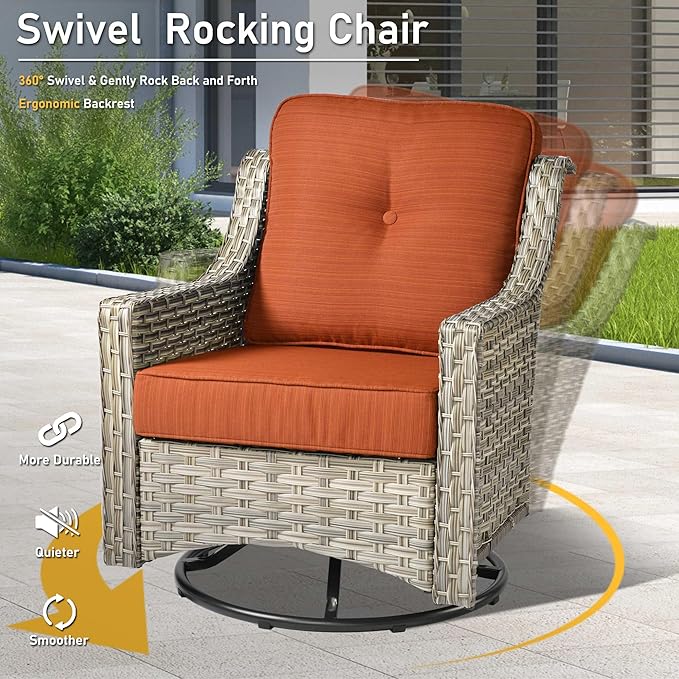 HOOOWOOO 5 Piece Patio Furniture Conversation Sets with Swivel Rocking Chairs,Outdoor Wicker Furniture with LED Tablet,All Weather Resistant High Back Rattan Conversational Set(Orange Red)