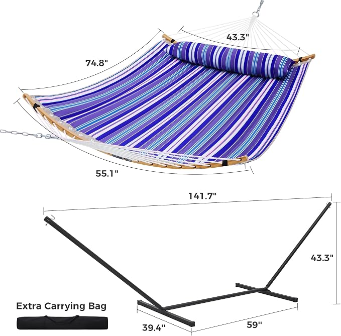 SUPERJARE Curved-Bar Hammock with Stand, 2 Person Heavy Duty Hammock Frame, Detachable Pillow & Portable Carrying Bag, Perfect for Outdoor & Indoor, Deep Ocean Fine Stripe - Image 8