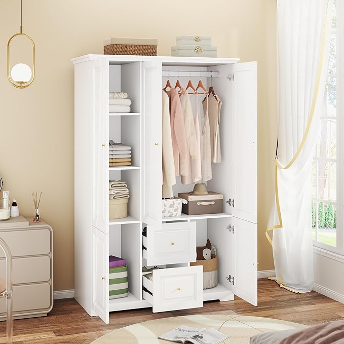 White Armoire Wardrobe Closet with Drawers: Wardrobe Closet for Hanging Clothes, Modern Bedroom Armoires with Hanging Rod, Wardrobes Closets with Doors and Shelves (White, 47")