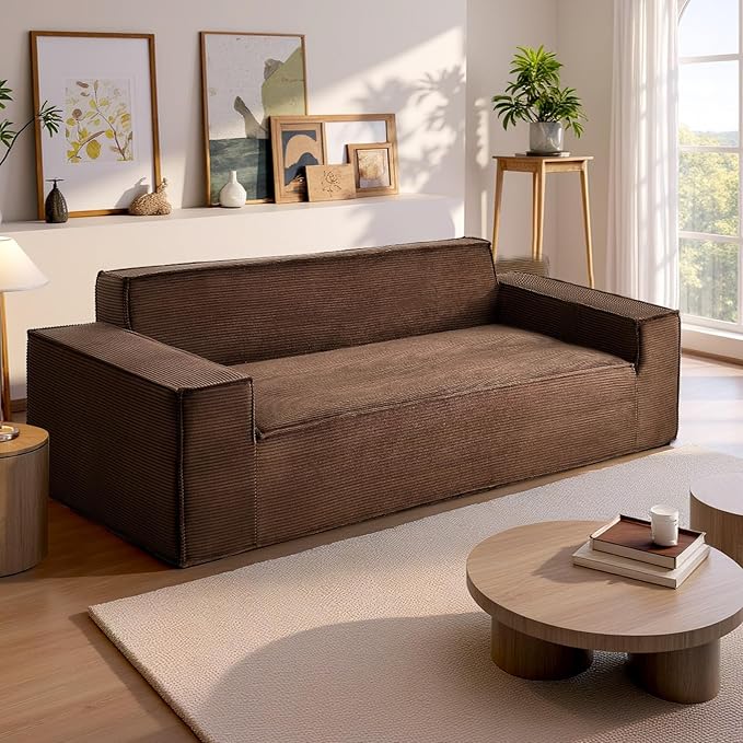 VEVOR 3-Seater Sofa in a Box, 83-Inch No Assembly Corduroy Couch with Memory Foam, Deep Seats for Living Room, Apartment, or Office, Brown