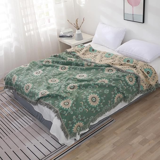 Boho Throw Blanket for Bed 100% Cotton Ultra Soft Rustic Quilt Spring Blanket Floral Printed Farmhouse Decor Bed Blankets,80"x90" All Season Rustic Throw for Sofa Couch Chair