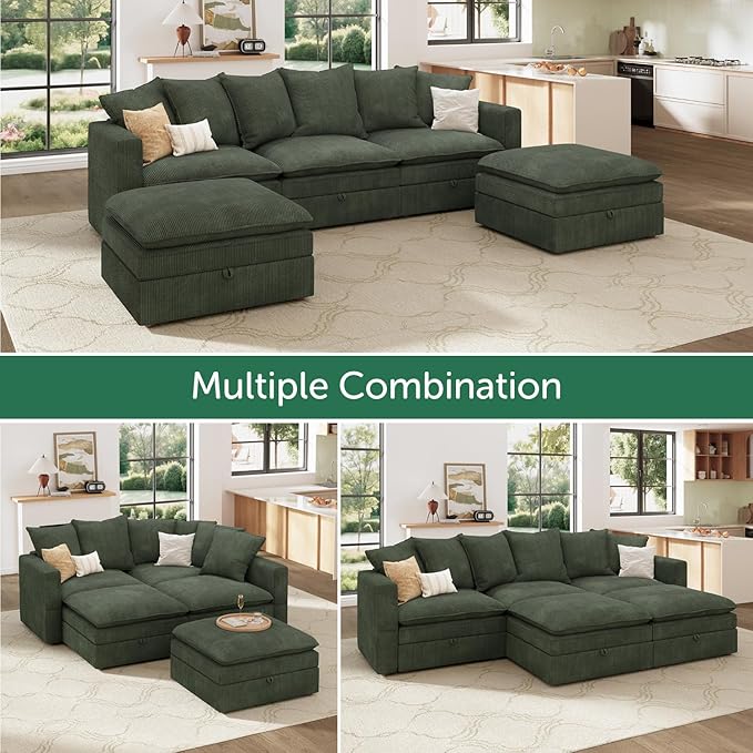 HONBAY Modular Sectional Sofa, 105.5 Inch Deep Seat U Shaped Couch with Storage & Adjustable Armrest Backrest, Green