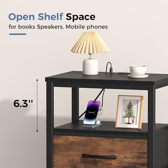 OLIXIS Nightstands Set of 2 with Charging Station, Bedside Tables with USB Ports and Fabric Drawer, Small Night Stand with Open Adjustable Shelf, Compact End Table for Bedroom, Black & Rust - Image 5