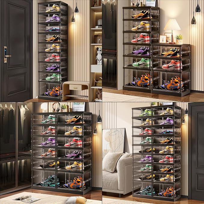 CIMLORD 3 Tier Foldable Shoe Rack for Closet Entryway 3-6 Pairs Stackable Clear Shoe Storage Boxes with Lids Small Shoes Shelf with Door Plastic Organizer Cabinet Easy Assembly Black - Image 6
