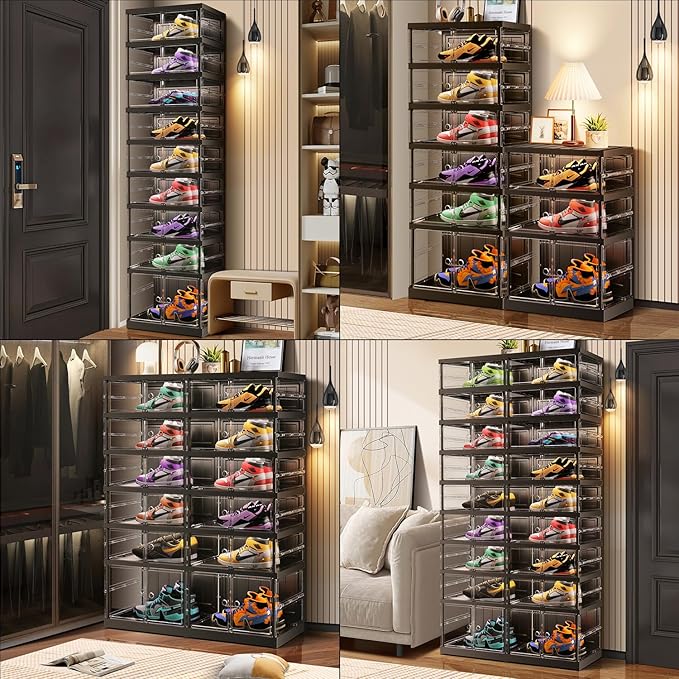 CIMLORD 3 Tier Foldable Shoe Rack for Closet Entryway 6-12 Pairs Stackable Clear Shoe Storage Boxes with Lids Shoes Shelf with Door Plastic Organizer Cabinet Easy Assembly Black - Image 6