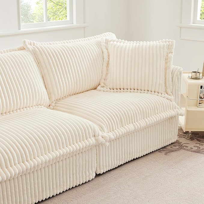 KEIKI 83" Corduroy Sectional Cloud Couch Sofa, White 3 Seat L Shaped Sleeper Sofa Set with Removable Ottoman, Comfy Deep Love Seat for Apartment Living Room, Big Pillows, Cream