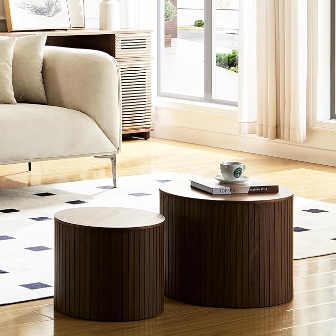 Small Nesting Round Coffee Table Set of 2, Modern Wooden Circle Accent End Side Table for Living Room, Bedroom, No Assembly Required, Brown