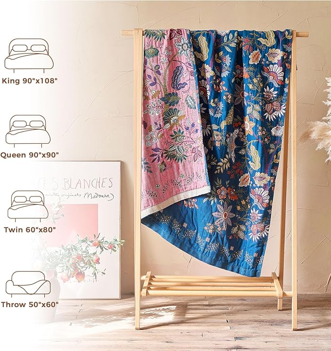 LUTBM Boho Throw Blanket for Bed Cotton Spring Blankets Bedroom Living Room Twin All Season Lightweight Floral Embroidery Quilt for Couch Sofa Chair 60"x80"