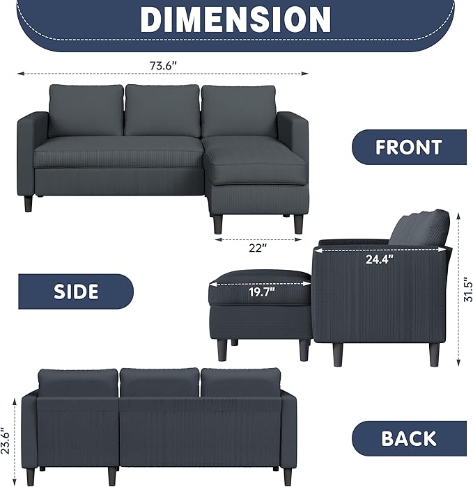 Shintenchi Convertible Sectional Sofa Couch,L-Shaped Modular Sofas with Reversible Ottoman,3-Seat Upholstered Corduroy Sofa Couch,Small Couches for Apartment,Living Room and Office(Dark Grey)