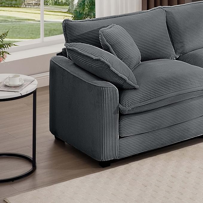 KEIKI 80" L-Shaped Oversized Corduroy Modular Sectional Loveseat Sofa with 1 Ottoman, High-Density Foam Cushions, Removable Armrests, Upholstered 2-Seater Couch with 4 Pillow, for Living Room, Grey