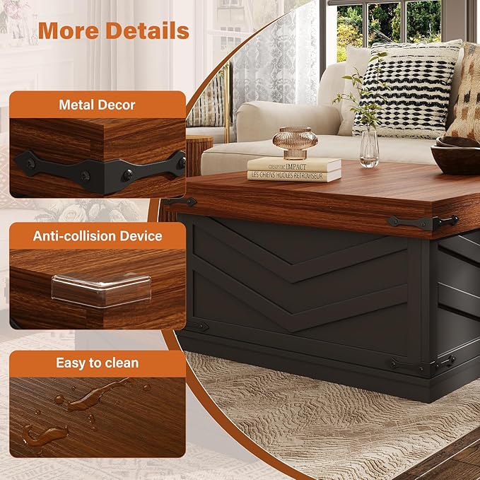 31.5'' Lift Top Coffee Table, Sliding Top Square Center Table with Large Hidden Storage Organizer, Multi-Functional Farmhouse Coffee Tables for Living Room, Bedroom, Home Office, Black