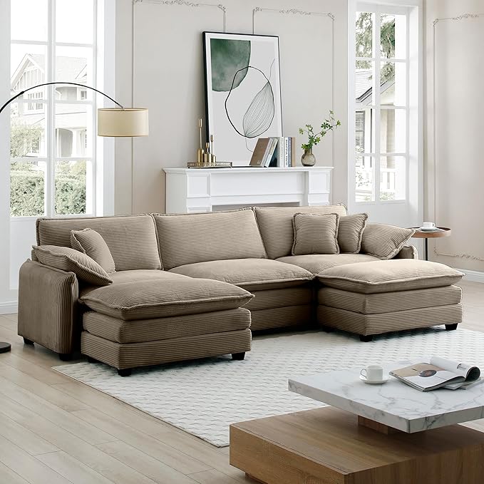 KEIKI 115" U-Shaped Oversized Corduroy Modular Sectional Sofa with 2 Ottoman, High-Density Foam Cushions, Removable Armrests, Upholstered 3-Seater Corner Couch with 5 Pillow, for Living Room, Tan