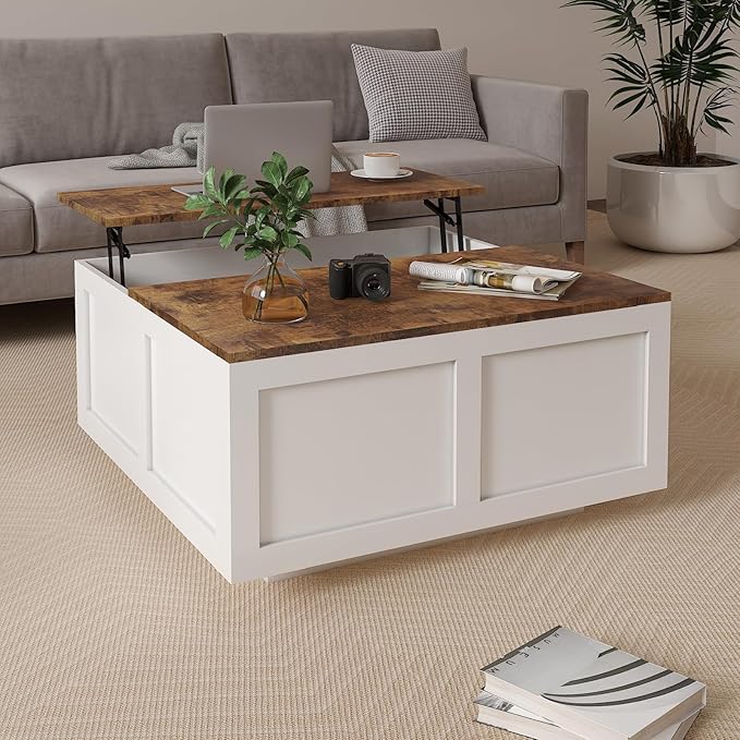 Lift Top Coffee Table with Storage, 31.5" Square White Coffee Table with Large Hidden Storage, Wood Living Room Table Center Table for Living Room Dining Reception Room