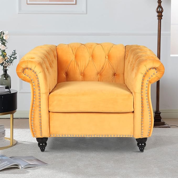 LEVNARY Velvet Chesterfield Armchair, Modern Sofa Chair with Button Tufted Backrest, Tufted Upholstered Rolled Chair for Home Reading Room (Yellow)