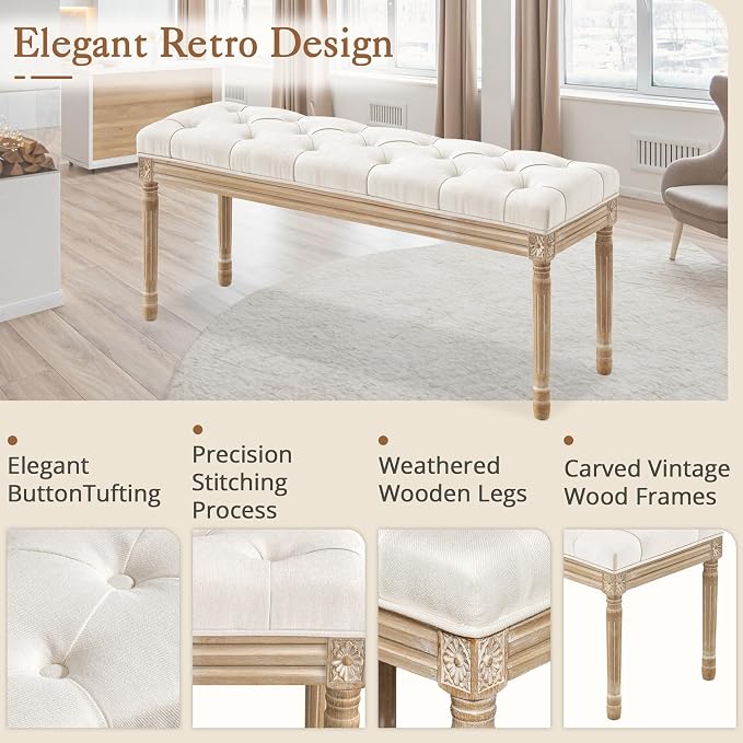 LUE BONA 44" Bedroom Bench, Fabric End of Bed Bench, Upholstered French Tufted Ottoman Bench with Carved Wood Legs for Bedroom End of Double Full Queen Size Bed, Living Room, Beige - Image 5