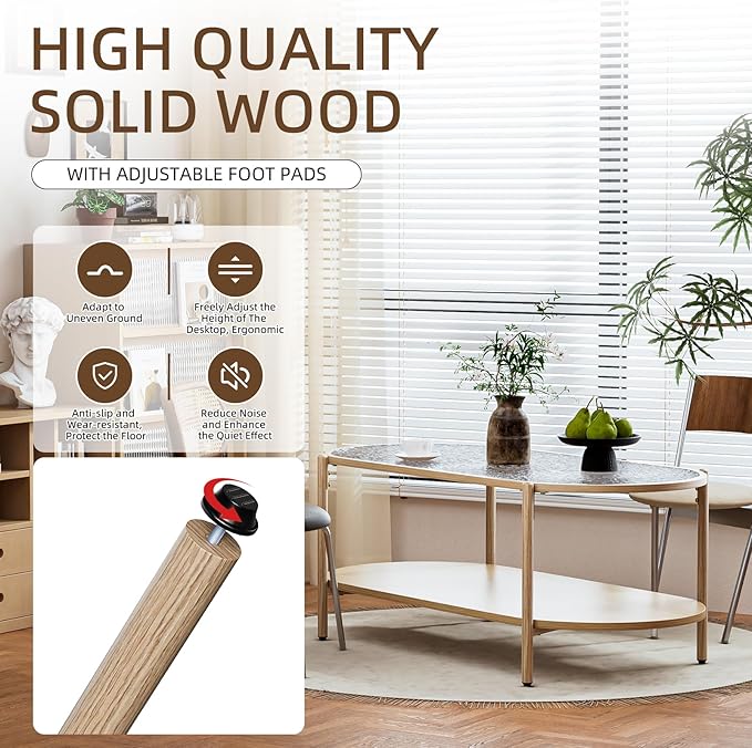 Glass Coffee Table, 44” Tea Dinner Table 2-Tier Oval Center Table Wave Pattern Tempered Glass Table Top With Anti Slip Pads, for Living Room Office Cafe Reception Room Small Space Apartment