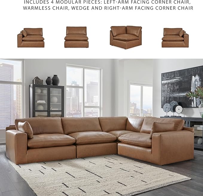 Signature Design by Ashley Emilia Modern L-Shaped Leather Match Modular Anti Sag 4-Piece Sectional with Loose Back Cushions and 2 Bolster Pillows, Orange