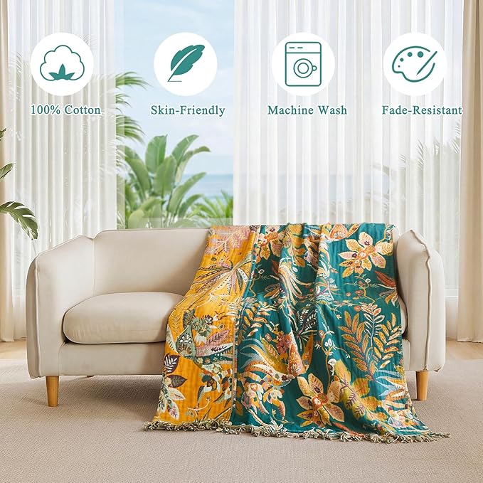 Boho Throw Blanket - 60"x80" Soft Cotton Throw Blanket Muslin Blankets for Bed, Reversible Lightweight Spring Blanket with Floral Printed, All Season Farmhouse Decor Rustic Blanket