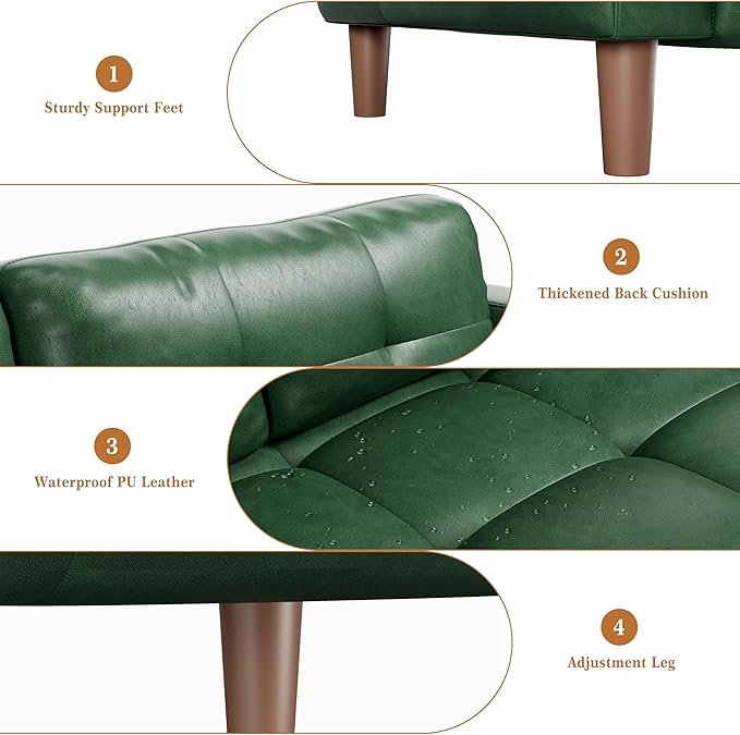 GarveeHome 3-Seater Sofa Couch, 83 in Wide Faux Leather Sofa Couch with Spring Cushion, Modern Sofa with Deep Seats and 2 Removable Back Cushions, for Living Room, Bedroom, Apartment, Office, Green