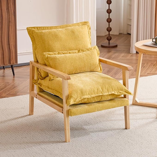 VINGLI Mid-Century Modern Cloud Accent Armchair with Lumbar Pillow, 6.3'' Thick Seat Cushion Comfortable Reading Chair with Wooden Armrests，Boho Lounge Chair for Bedroom, Living Room, Chenille, Yellow