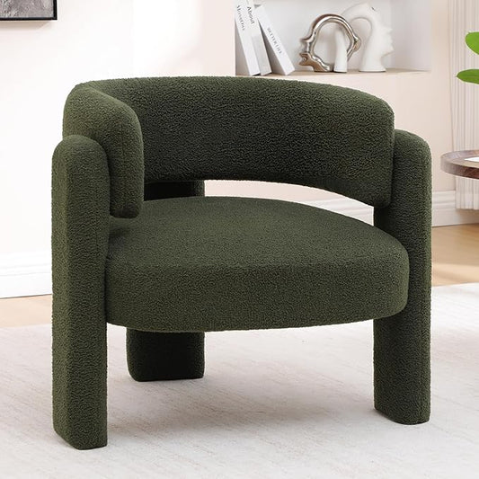 Accent Chair for Living Room, Modern Sherpa Barrel Chair, Upholstered Living Room Chairs with 3 Legs, Comfy Armchair Reading Side Chair for Bedroom, Office, Apartment, Green