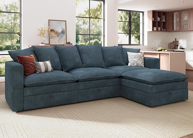 HONBAY Modular Sectional Sofa, 105.5 Inch Corduroy Sectional Couch, 4 Seaters L Shaped Sofa with Storage & Pillows for Living Room, Blue