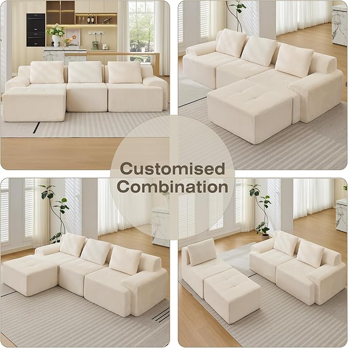 Modular Sectional Sofa, 6 Seat Modular Couch, Modular Sofa with Deep Seat and Detachable Pillow (White, 4 Pieces-L Shape)