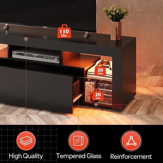 WLIVE TV Stand with LED Lights & 2 Large Storage Drawers, Modern Entertainment Center for 32/43/50/55/60 Inchs TVs, Sturdy TV Console for Living Room, Bedroom(Black) - Image 7