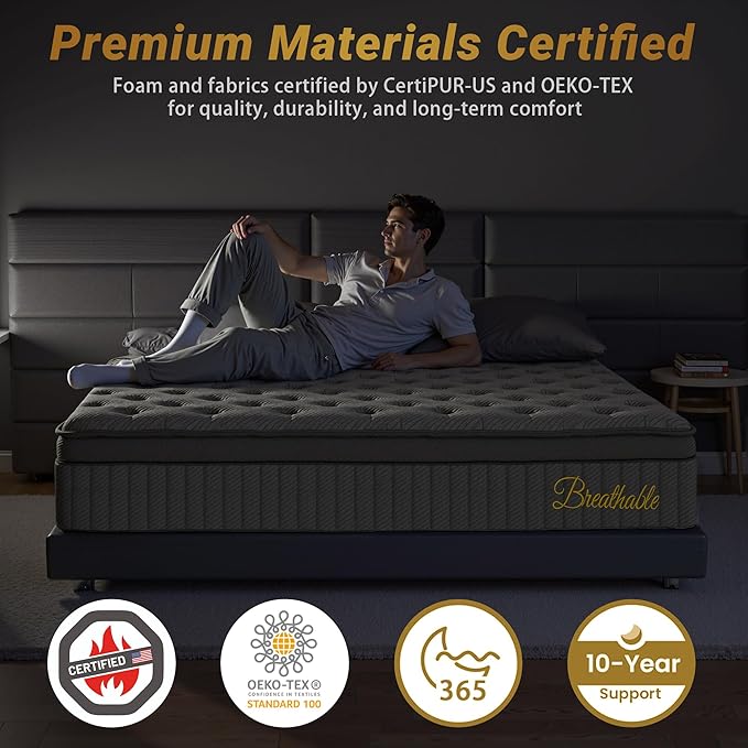 14″ Queen Hybrid Mattress – Cooler, Quieter & Deeper Comfort, Airflow Foam + Pocket Coils, 2″+ Plush Cushion, Heavy-Duty Support, CertiPUR-US, Fiberglass-Free, Mattress in a Box
