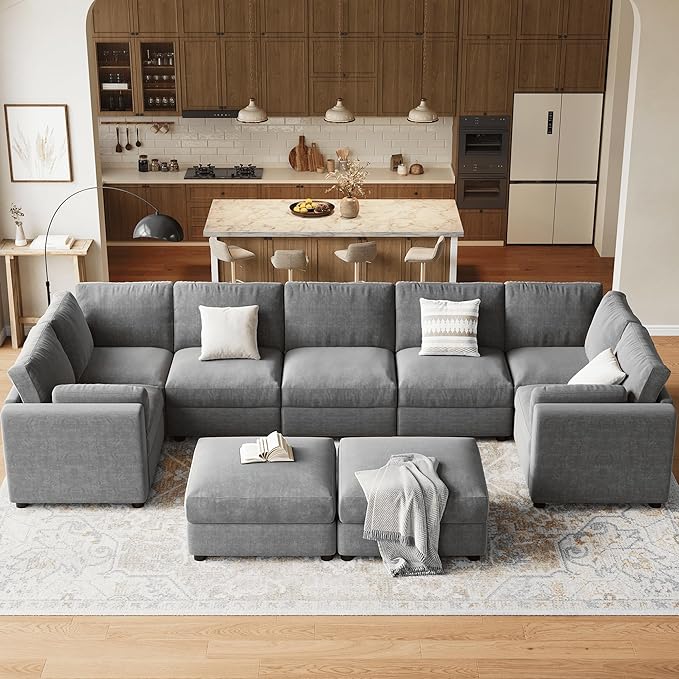 GAOMON Oversized Modular Sectional Sofa, 9 Seater Sectional Couch, 172" U Shaped Sofa with Movable Ottoman, Convertible Modular Couch for Living Room Apartment and Office, Chenille Grey
