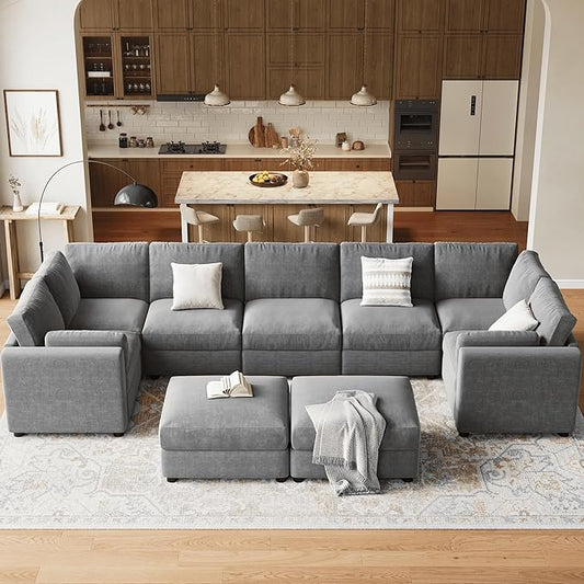 GAOMON Oversized Modular Sectional Sofa, 9 Seater Sectional Couch, 172" U Shaped Sofa with Movable Ottoman, Convertible Modular Couch for Living Room Apartment and Office, Chenille Grey