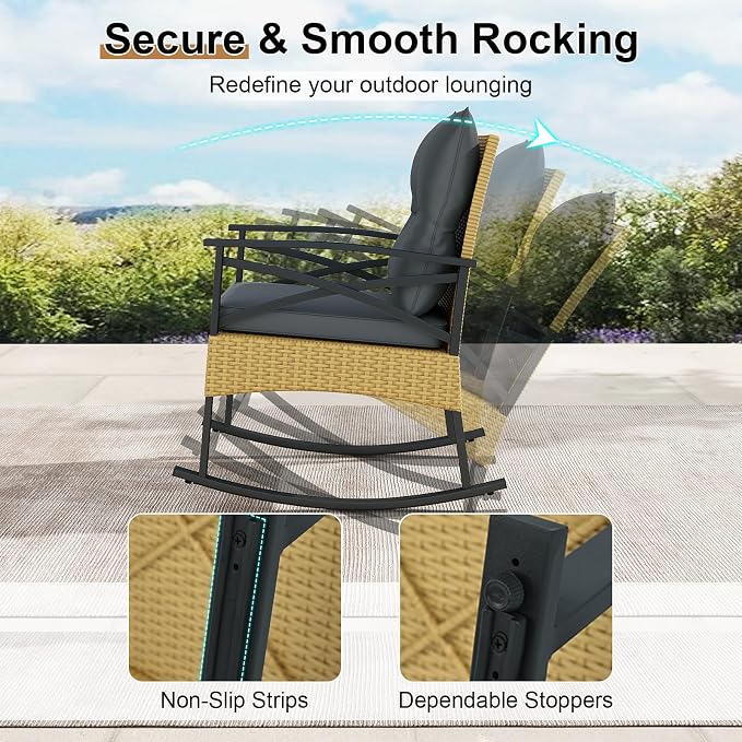 Tangkula 3 Pieces Outdoor Rocking Chairs Set, Rattan Heavy Duty Cushioned Rocker Chairs with 2-Tier Tempered Glass Coffee Table, for Garden, Balcony, Backyard (Yellow+Gray) - Image 4