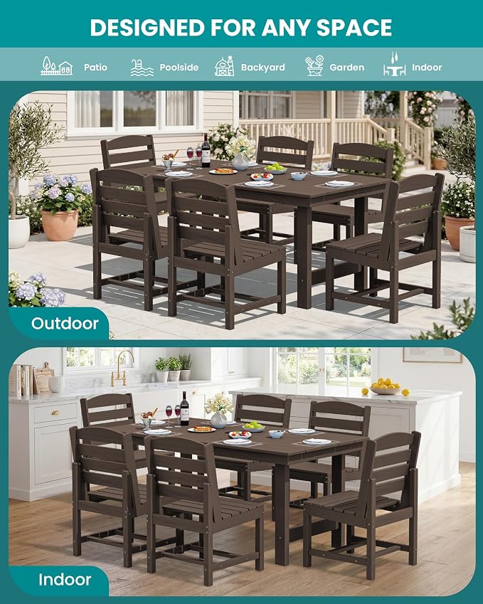 SERWALL Patio Dining Sets for 6 Person, HDPE Dining Set with 6 Armless Chairs, Coffee - Image 9