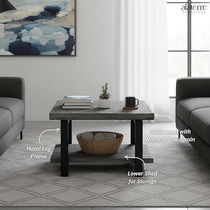 Alaterre Furniture Pomona Living Room Tables – 27 Inch Square Solid Wood Coffee Table with Metal Legs – Modern Rustic Industrial Small Space Table (Slate Grey)