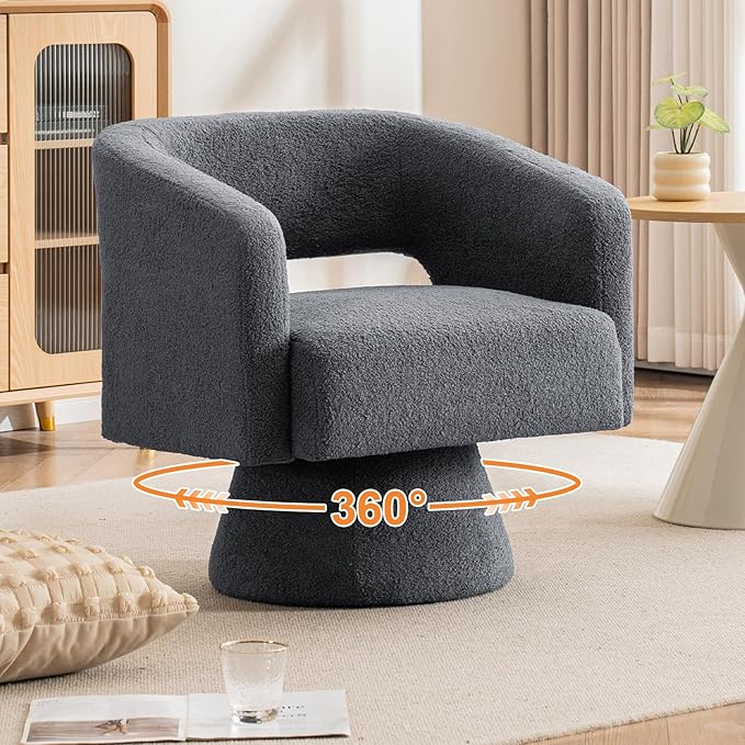 ClinQ Swivel Barrel Accent Chair, Oversized Teddy Upholstered Round Swivel Chairs Set of 1, Modern Luxury 360° Living Room Vanity Chair for Bedroom Office&Living Room, Grey