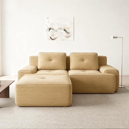 Casaphoria 80" Camel Corduroy Cloud Couch, Boneless Modular Sectional Sofa for Living Room with Deep 2-Seat & 1-Ottoman, L Shape Cloud Couch No Assembly Required
