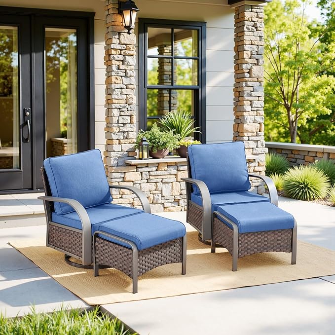 Belord 4 Pieces Patio Furniture Sets - Swivel Rocker Outdoor Chairs with Ottomans, All Weather Wicker Swivel Furniture Glider Seating Set for Porch Deck Sunroom Backyard
