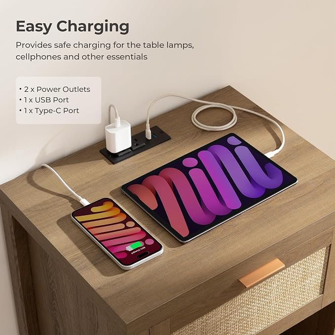 SICOTAS Rattan Night Stand with Charging Station - Farmhouse Nightstand with Type-C and USB Ports, Boho Accent Bed Side Table with Drawer and Open Shelf for Bedroom Small Space, Oak - Image 5