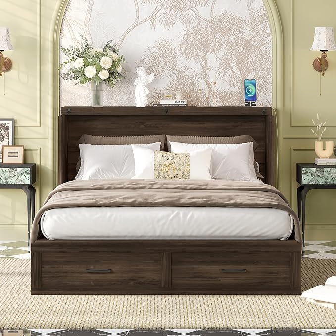 Bellemave Queen Murphy Bed, Cabinet Bed with Charging Station and Storage, Farmhouse Murphy Cabinet with Foldable Panel, Noisy Free, for Guest Bedroom, Living Room, Office, Rustic Gray