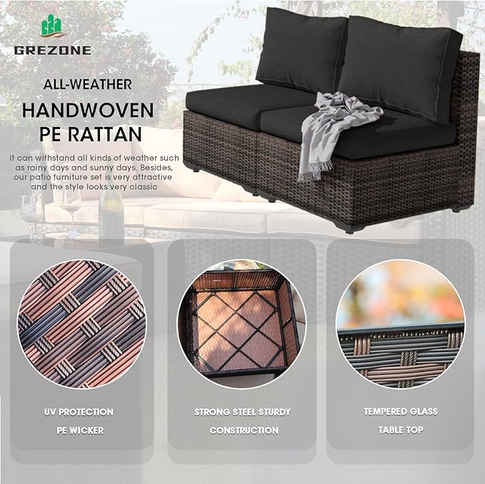 Grezone 5 Piece Patio Furniture Set with 44" Fire Pit Table, Outdoor Sectional Couch, PE Rattan Patio Conversation Sets with 4inch Cushions for Backyard Black