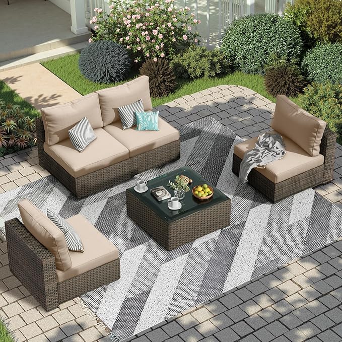 5 Piece Patio Furniture Set All Weather PE Rattan Outdoor Sectional Sofa Couch with No-Slip Cushions and Glass Top Table for Garden, Poolside, Backyard (Beige)