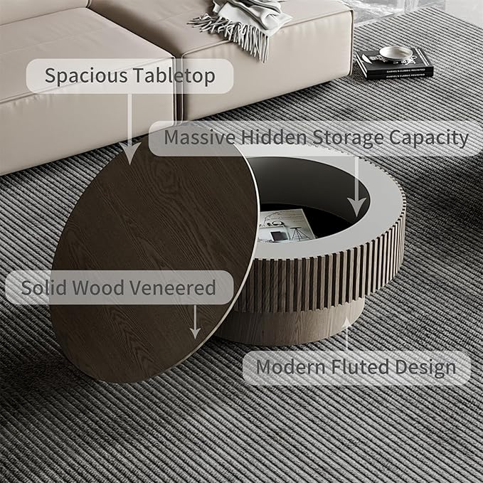 31.5'' Round Coffee Table for Living Room, Fluted Coffee Tables with Hidden Storage, Solid Wood Veneered Circle Modern Tea Table for Small Space Apartment (Grey-31.5''D×14''H)