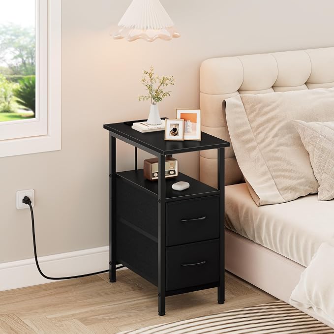 Vagusicc End Table with Charging Station Set of 2, Narrow Side Table, 23.8'' Tall Nightstand with 2 Drawers, Small Sofa Side Table Narrow Nightstand for Small Spaces, Living Room, Bedroom, Black - Image 8
