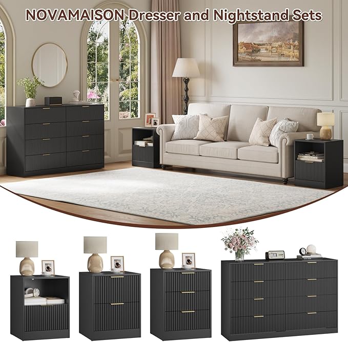 8 Drawer Dresser & Nightstand Set 3-Piece, 55” Wide Bedroom Dresser Set Night Stand Set of 2 with Metal Handle, Fluted Modern Wood Chest of Drawers Storage Dressers Set for Bedroom, Black