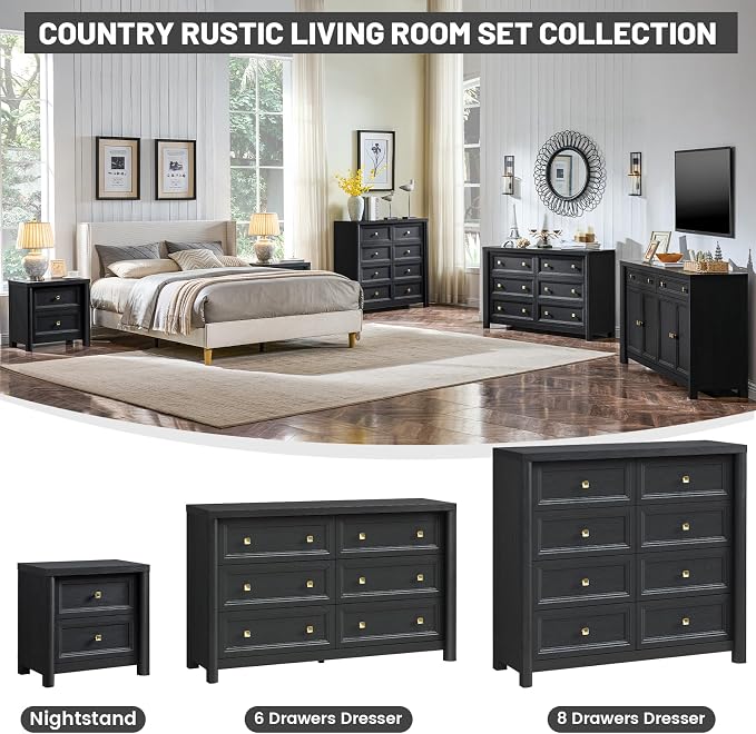 Standifurno Black Night Stand for Bedroom, Rustic Nightstand with 2 Drawers, Black and Gold Nightstand with Metal Knobs Farmhouse Wood Bedside Table End Table Living Room Sofa Side Table 22.8” Wide - Image 7